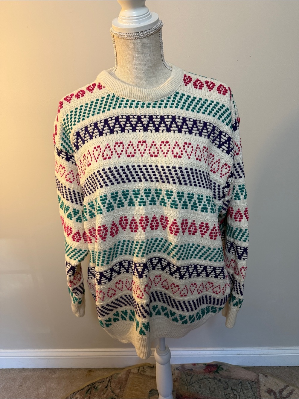 Jantzen Cream Crewneck Sweater with Green, Navy & Pink Pattern